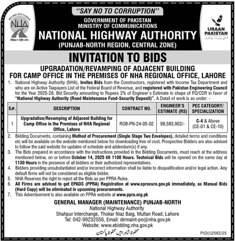 National Highway Authority Lahore Tender Notice
